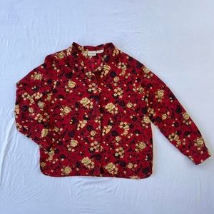 1990s Red Floral Print Blouse